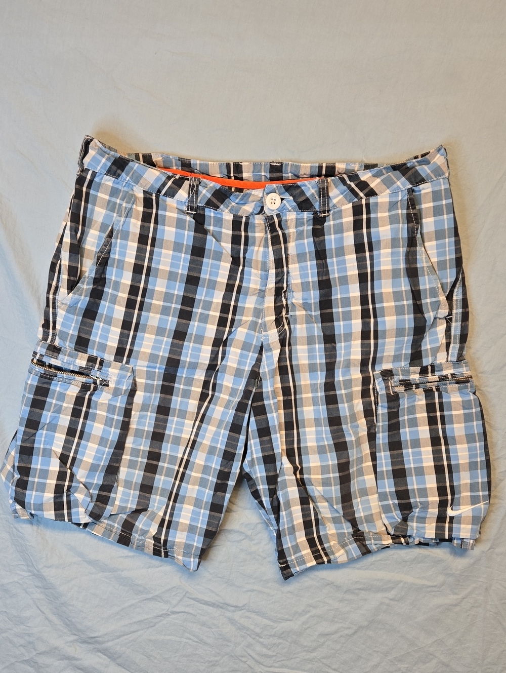 Nike Swoosh The Athletic Dept Blue, Black & White Plaid Cargo Shorts Vintage Y2K